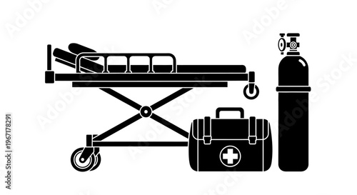 Emergency Medical Equipment Vector with Hospital Stretcher, First Aid Kit and Oxygen Cylinder Silhouette