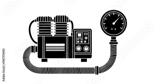 Industrial Air Vacuum Pump Machine and Suction Pressure Gauge Silhouette Vector Illustration