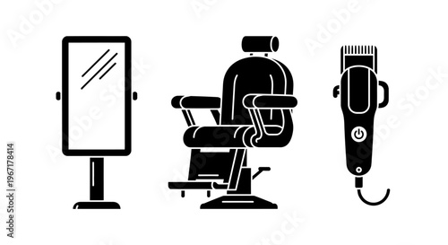 Professional Barber Shop and Hair Salon Equipment Vector with Salon Chair, Mirror and Electric Hair Clipper Silhouette