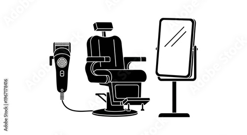 Barber Shop Service Concept Vector with Professional Salon Chair, Hair Trimmer and Large Mirror Silhouette