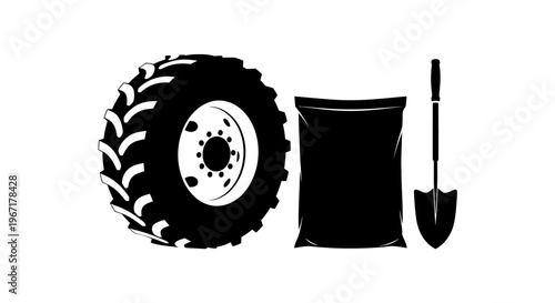 Tailoring and Textile Industry Vector with Sewing Machine, Fabric Roll and Thread Spools Silhouette