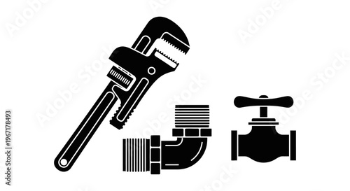 Professional Plumbing Repair Tools Set with Pipe Wrench, Elbow Connector and Water Valve Silhouette Vector