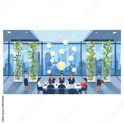 Diverse business team in modern conference room with living plant walls and glowing interconnected lightbulbs symbolizing innovative idea sharing and collaborative brainstorming. Vector art