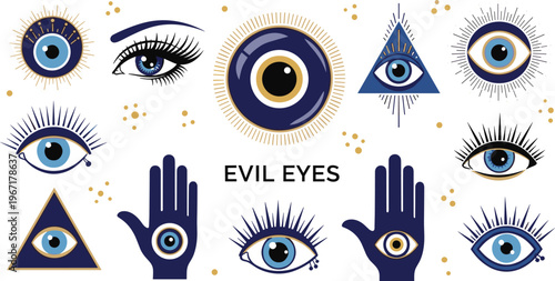 Evil Eye Symbol Set with Protective Nazar Amulet, Mystic Eyes, Hand Icons, and Spiritual Elements for Cultural, Religious, and Decorative Design Collection