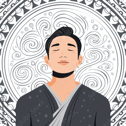 Meditating person illustration with abstract circular pattern background