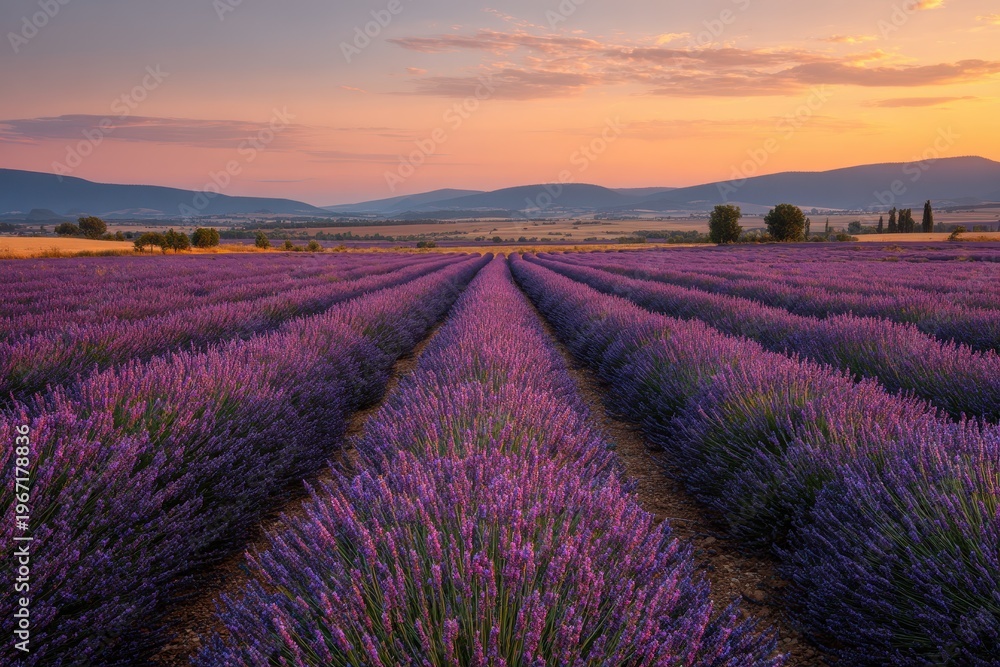Fototapeta premium Pastel Sky over Purple Lavender Blooms: Orderly Rows in a Wide Open Landscape