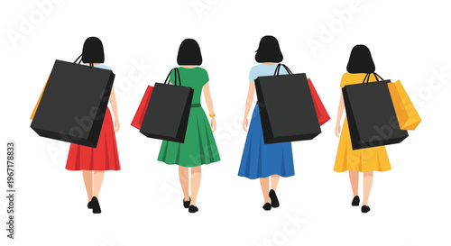 Four women walking away carrying shopping bags in different colors