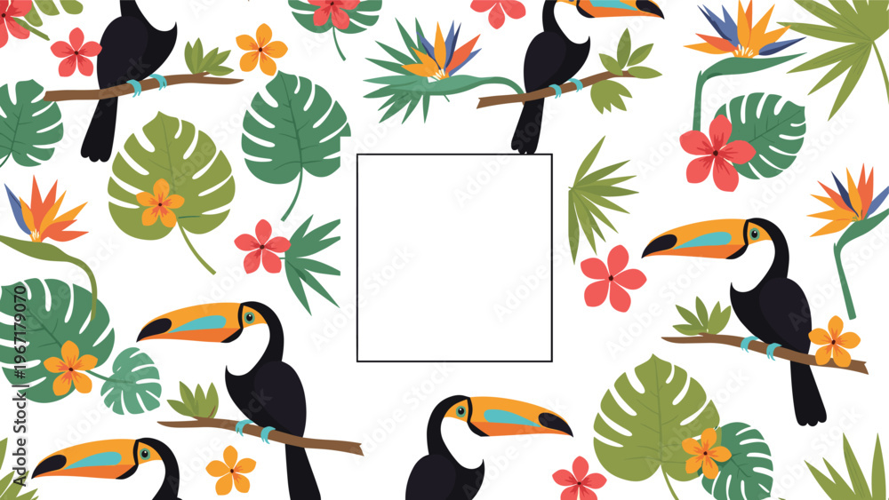 Fototapeta premium Tropical themed frame with toucans perched on branches surrounded by exotic jungle leaves and colorful flowers.