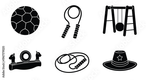 Black and white icons depicting various children s toys and recreational items