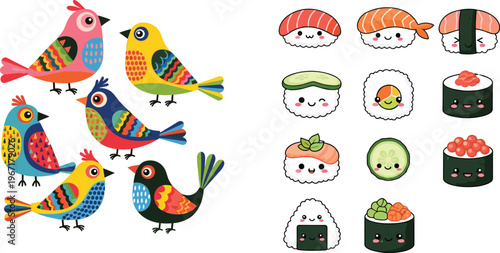 Cute Cartoon Birds and Kawaii Sushi Set with Colorful Animals and Japanese Food Characters for Kids Illustration, Restaurant Design, and Fun Vector Collection
