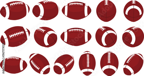 Set of vector illustrations featuring American footballs in multiple angles and various rotations, perfect for gridiron sports athletic design projects.