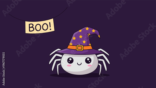 Adorable cartoon spider character wearing a purple witch hat with yellow stars for a friendly Halloween celebration.