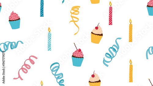 Festive seamless pattern featuring colorful cupcakes, striped birthday candles, and curly streamers on a white background.