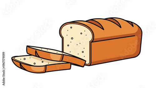 Appetizing illustration of a whole loaf of fresh brown bread with two cut slices on the side on a plain white background.