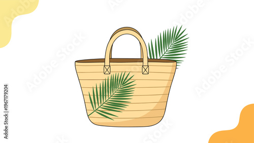 Stylish woven straw beach bag decorated with green palm leaves representing summer vacation and tropical travel essentials.