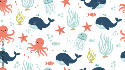 Whimsical sea life seamless pattern for children featuring cute whales, octopuses, jellyfish, and starfish in a soft and playful color palette.