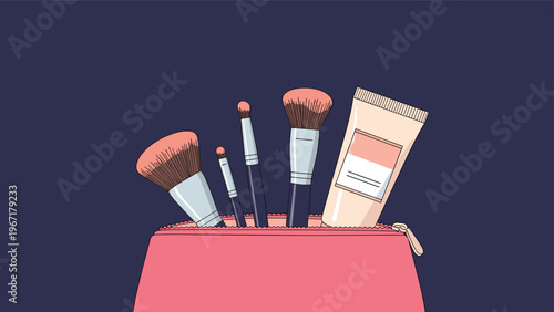 Pink makeup bag filled with various cosmetic tools like soft brushes and a tube of cream, set against a solid dark blue background.