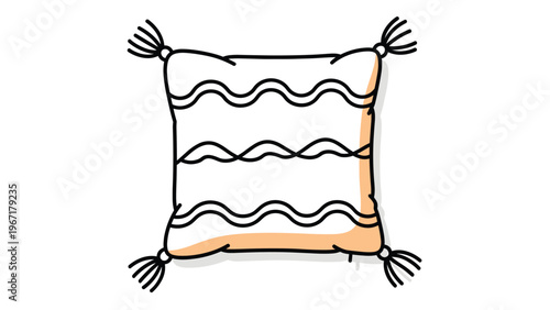 Simple hand-drawn illustration of a white square decorative pillow with black wavy lines and a subtle orange accent shadow.