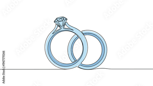 Elegant continuous line drawing of two interlocking engagement rings, one featuring a large diamond, symbolizing eternal love and commitment.
