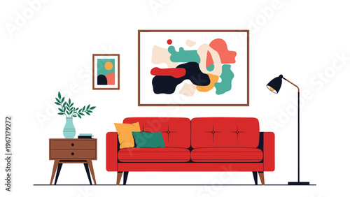 Contemporary living room layout with a vibrant red sofa and large abstract painting above a wooden side table with a lamp.
