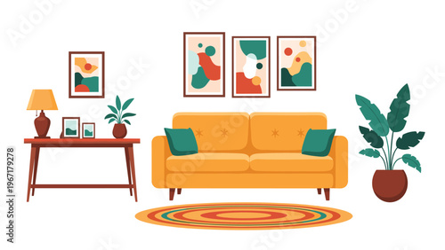 Modern living room interior design featuring a yellow sofa with teal cushions and abstract wall art gallery in a minimal style.