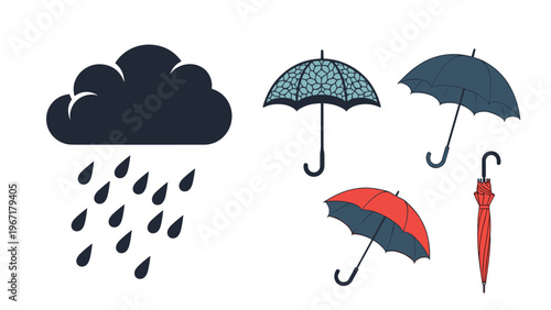 Weather illustration set featuring a dark rain cloud with drops and various types of umbrellas for rainy season concepts.