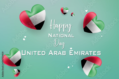 United Arab Emirates National Day celebration graphic with hearts and golden falcon emblem on red green white and black festive background