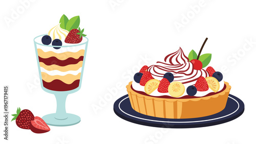 Delicious dessert illustration featuring a layered fruit parfait in a glass and a fruit tart topped with cream and berries.