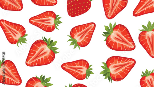 Seamless pattern of fresh red strawberries including whole fruits and slices on a crisp white background for food design.