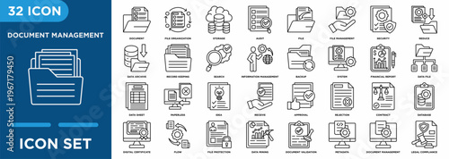 Document Management icon set illustrating document,  file management, security, reduce, record keeping for management and corporate projects.