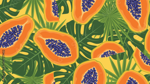 Vibrant seamless tropical pattern featuring sliced papaya fruits and lush green monstera and palm leaves on a yellow base.