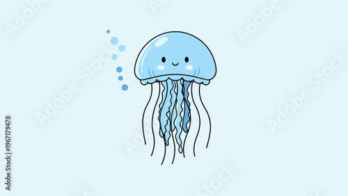 Cute cartoon jellyfish illustration with a friendly smile on a pale blue background perfect for kids and ocean themes.
