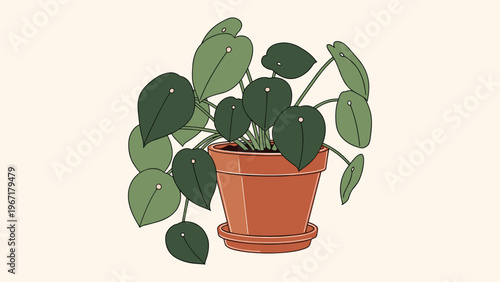 Illustration of a Pilea peperomioides or Chinese money plant in a classic terracotta pot with its characteristic round leaves.