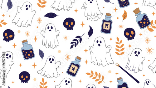 Spooky seamless Halloween pattern with ghosts skulls magic potion bottles and autumn leaves for holiday party decor.