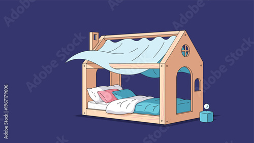 Illustration of a cozy wooden bunk bed shaped like a house for children with blue fabric roof and colorful pillows.