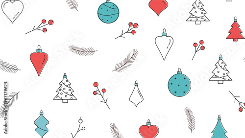 Festive Christmas pattern with ornaments like stars hearts and trees along with pine branches and berries on white.