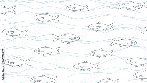 Seamless pattern featuring many hand-drawn outlined fish swimming in stylized wavy water on a clean white background.