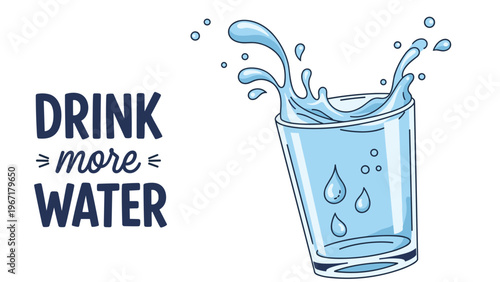 Motivational health poster or creative banner featuring a stylized glass of water with a splash and the text drink more water.