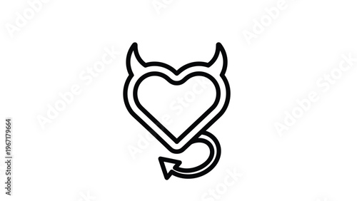 Minimalist black line art illustration of a simple heart icon featuring devil horns and a pointy tail on white background.