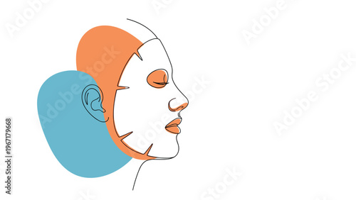 Continuous line drawing illustration of a woman face profile wearing a beauty facial sheet mask with abstract colorful shapes.