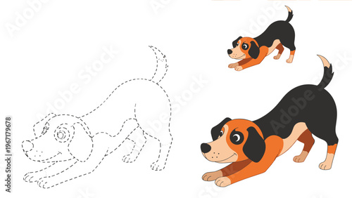 Educational worksheet for children showing a cute beagle dog in outline for tracing and colored versions for reference.