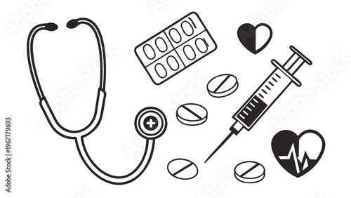 Flat vector medical icon set including stethoscope, pills, syringe, heart symbols.