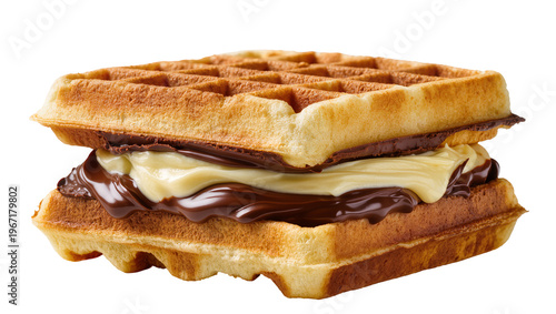 Foto Golden brown waffle sandwich with creamy vanilla and rich chocolate spread, isol