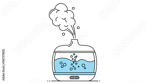 Simple line art illustration of an electric aroma diffuser with blue water and steam clouds coming from the top.