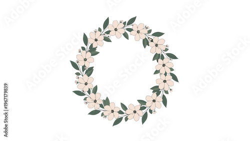 Elegant floral wreath made of pale pink flowers and dark green leaves arranged in a circular frame on a white background.