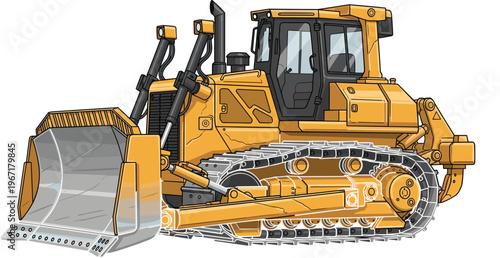 Detailed vector illustration of yellow bulldozer with front blade, tracked undercarriage, hydraulic arms, enclosed cab, heavy construction machinery equipment