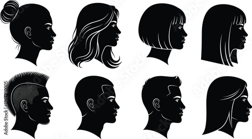 Black and white silhouette illustration of eight human head profiles with diverse hairstyles, including long, short, wavy, bun, mohawk, and swept‑back designs, 