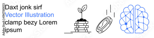 Sustainability, finance, technology, AI development, innovation, future possibilities. A plant growing from coins, a falling coin and a networked brain structure. Sustainable growth and finance