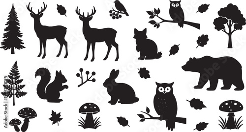 black silhouettes of forest animals and trees