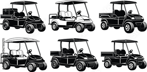Golf Cart Vector Silhouette Set Featuring Electric Utility Vehicles and Passenger Carts for Resort Transportation and Recreational Sports Equipment Graphics